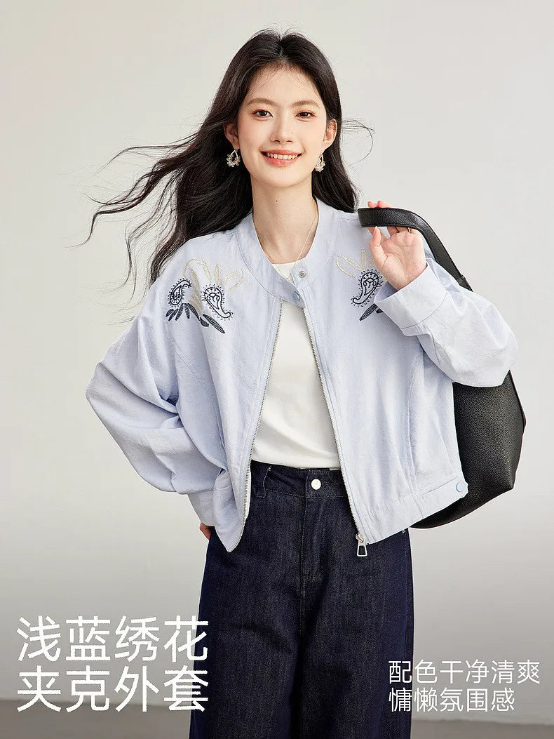 Embroidered Zip-Front Bomber Jacket