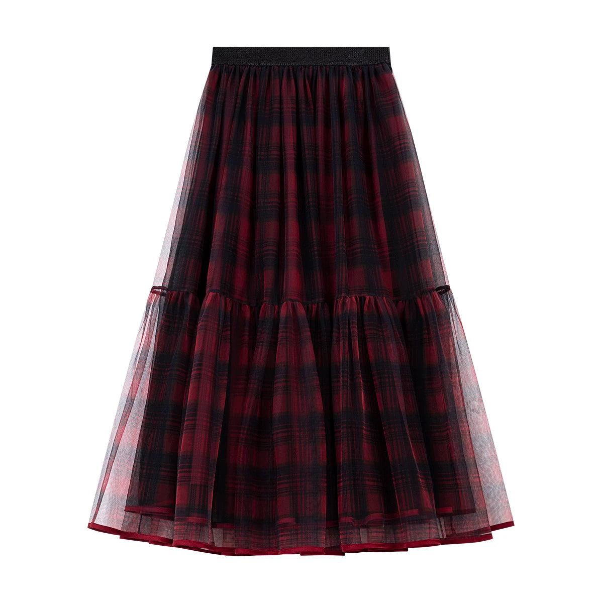 Red Plaid Mesh Tiered Midi Skirt
