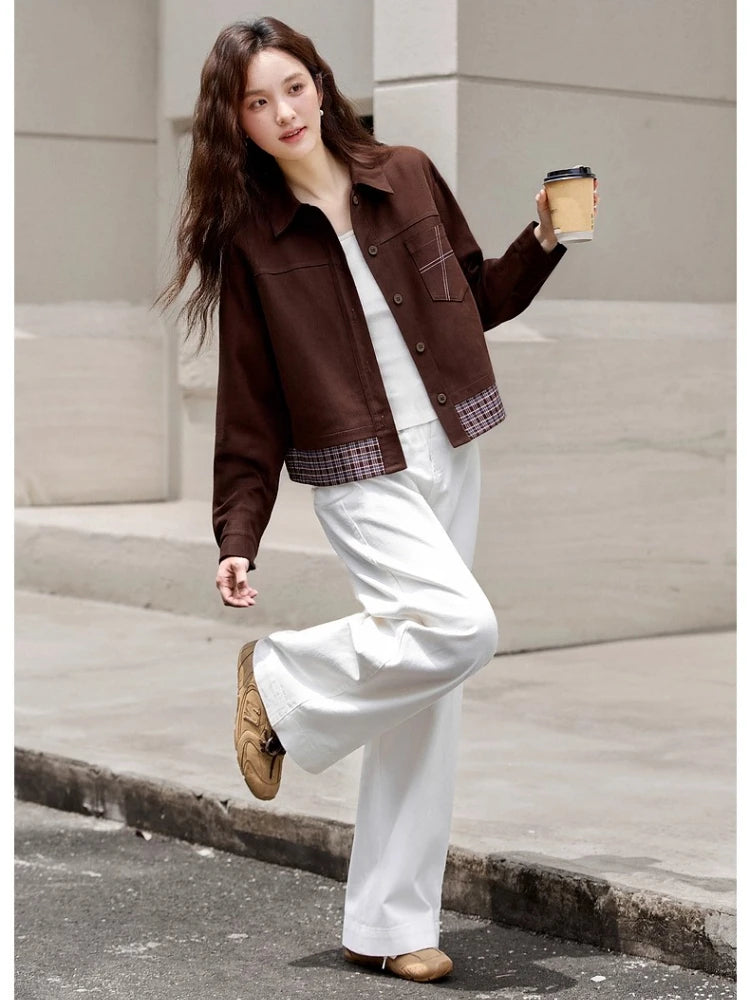 Plaid-Trim Cropped Shirt Jacket