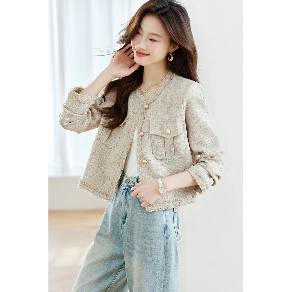 Frayed-Trim Cropped Jacket