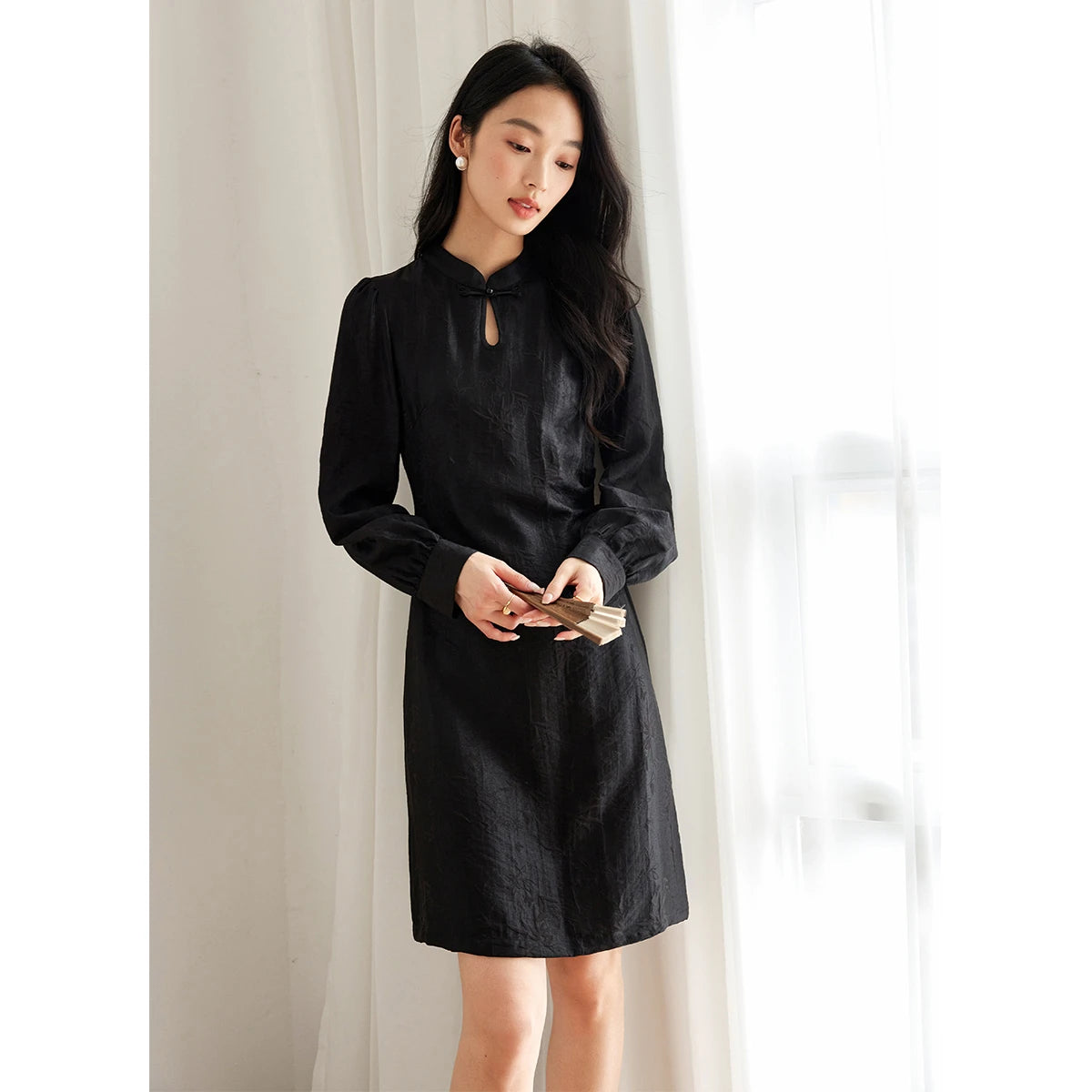 Jacquard Lantern-Sleeve Midi Dress