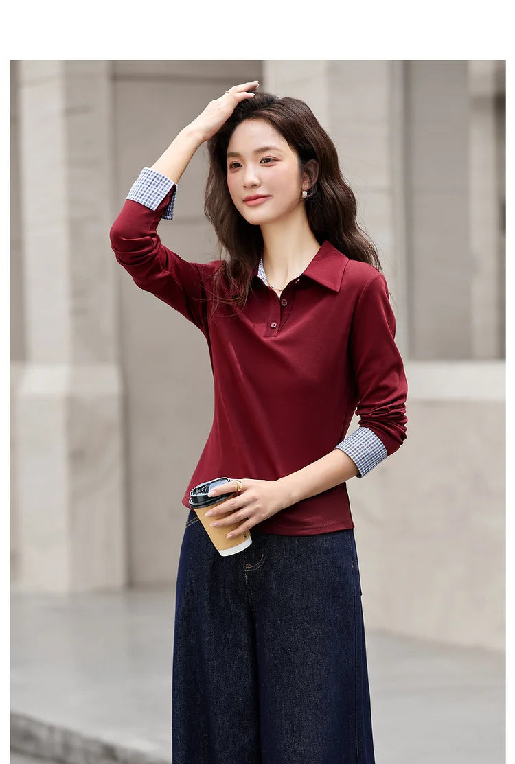 Contrast-Cuff Collared Long-Sleeve Top