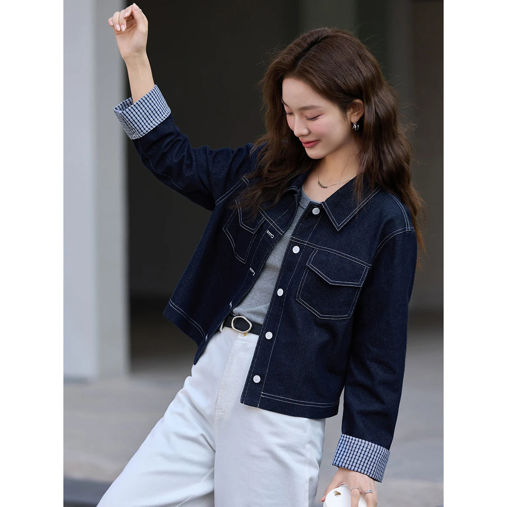 Contrast-Cuff Cropped Denim Jacket