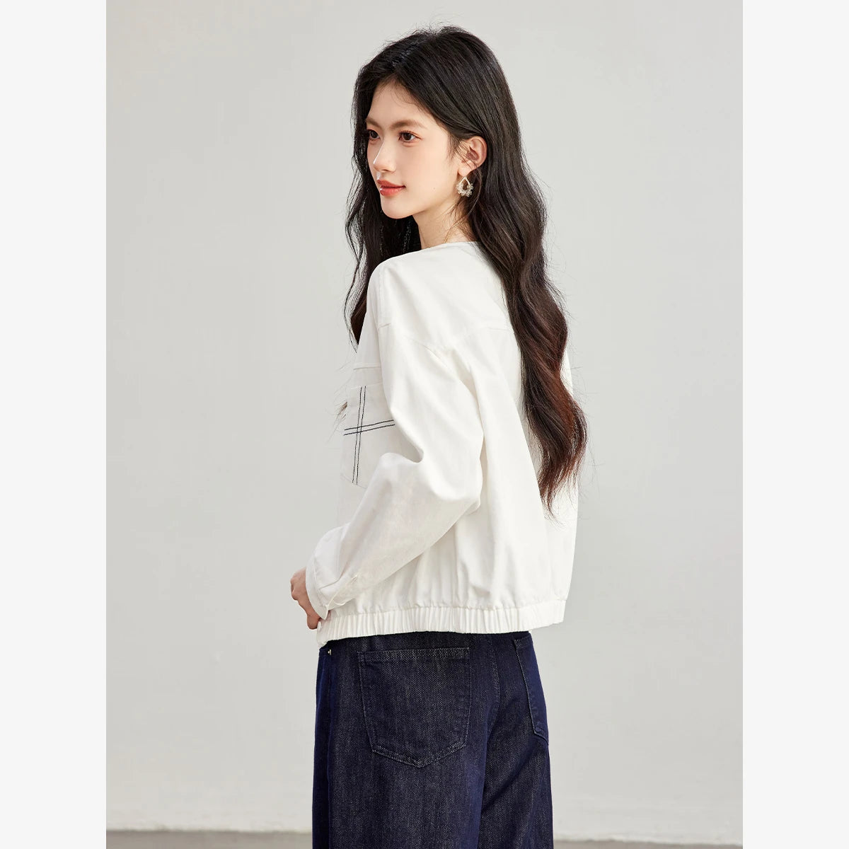Cropped Drawstring-Hem Collarless Jacket