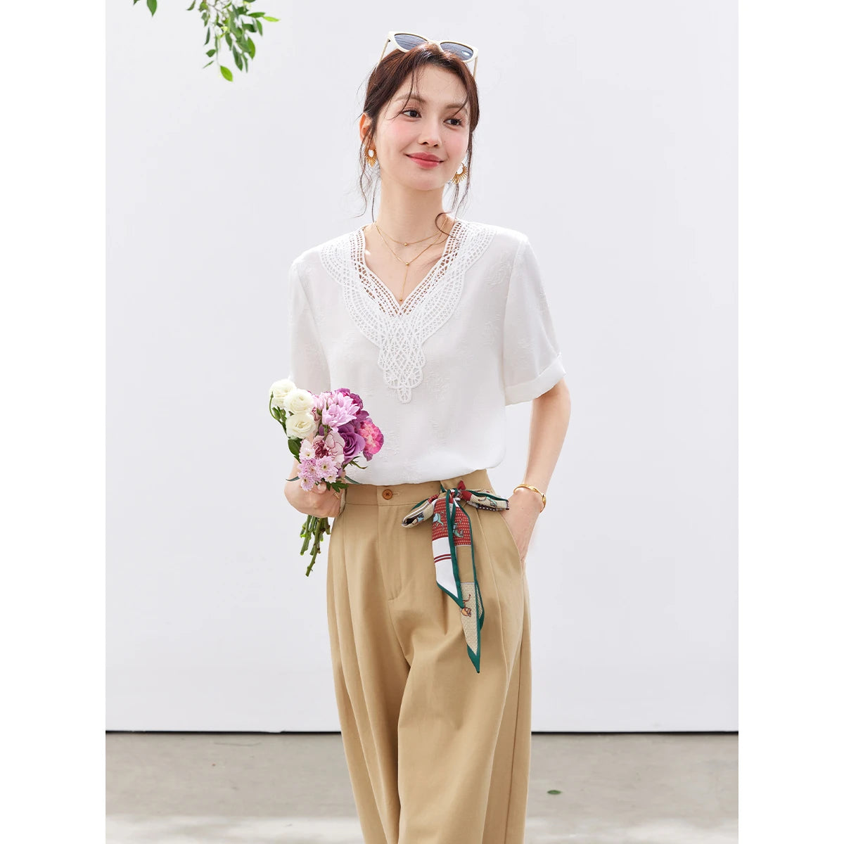 Lace-Trim V-Neck Tee