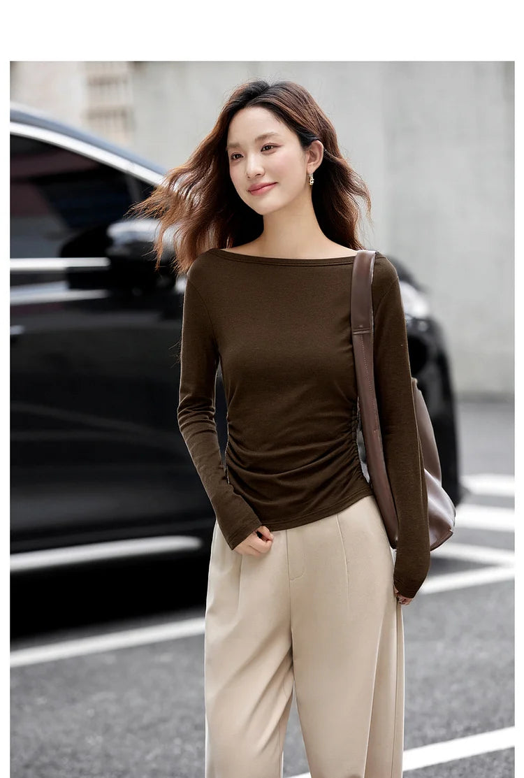 Ruched-Side Boat-Neck Long-Sleeve Top