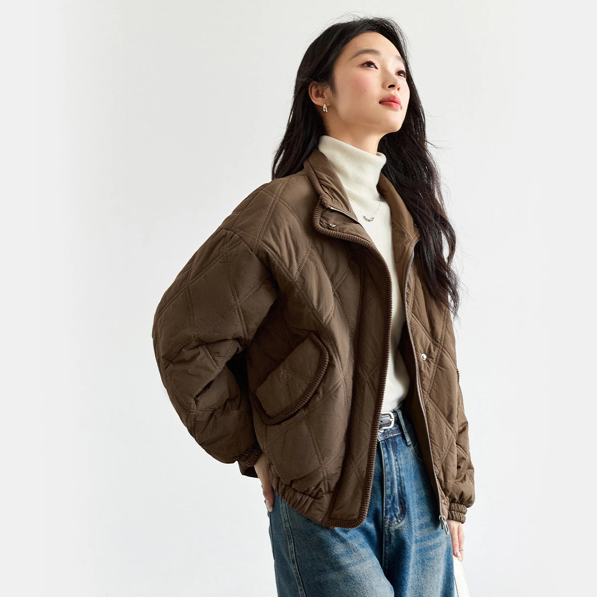 Stand-Collar Quilted Bomber Jacket