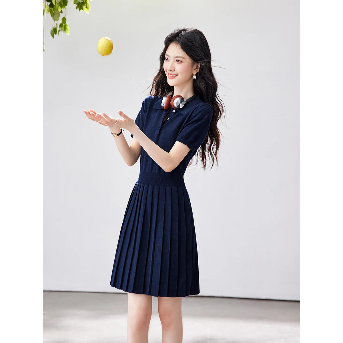 Polo-Collar Pleated Mini Dress