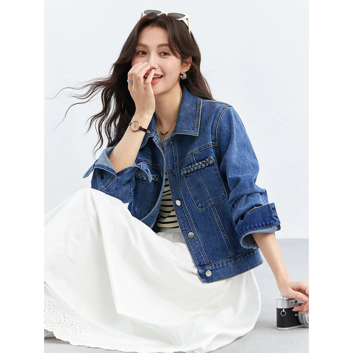 Double-Pocket Cropped Denim Jacket