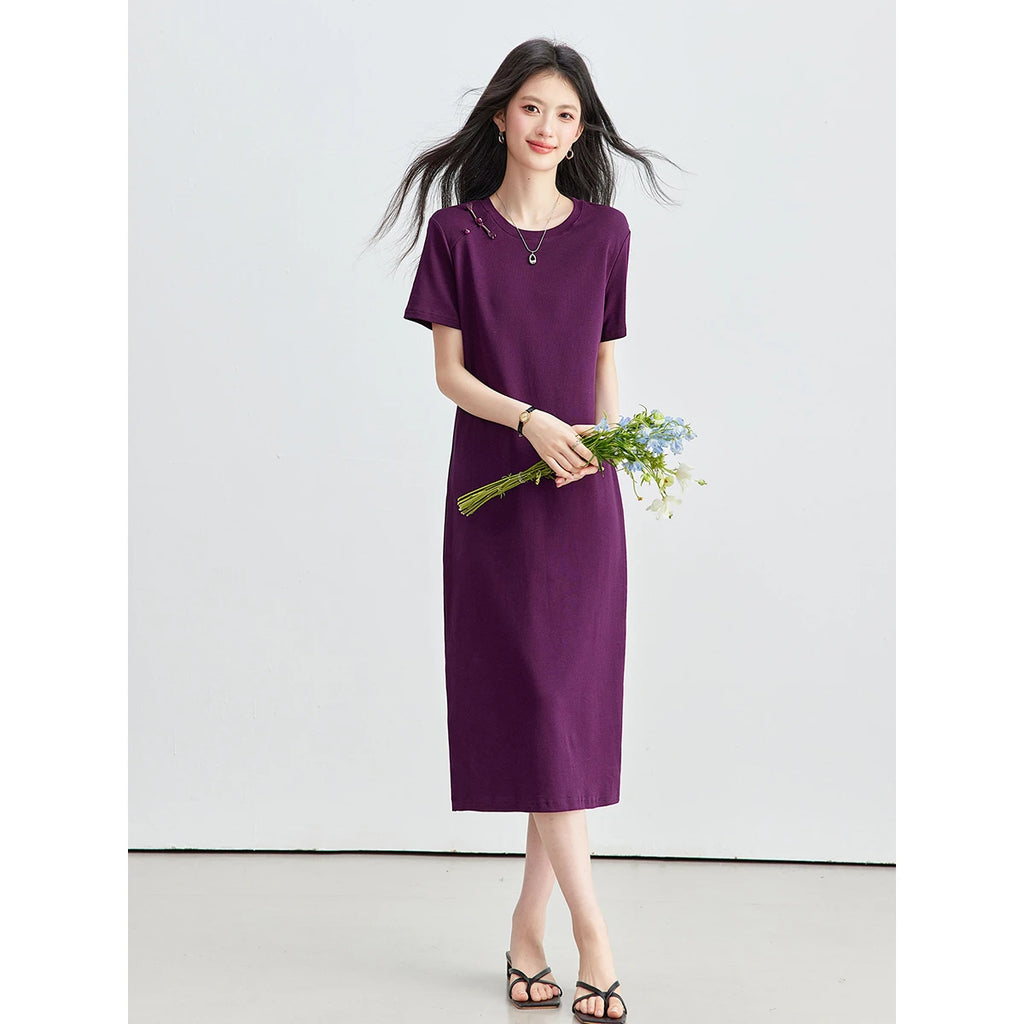 Frog-Button Slit-Hem Midi Dress