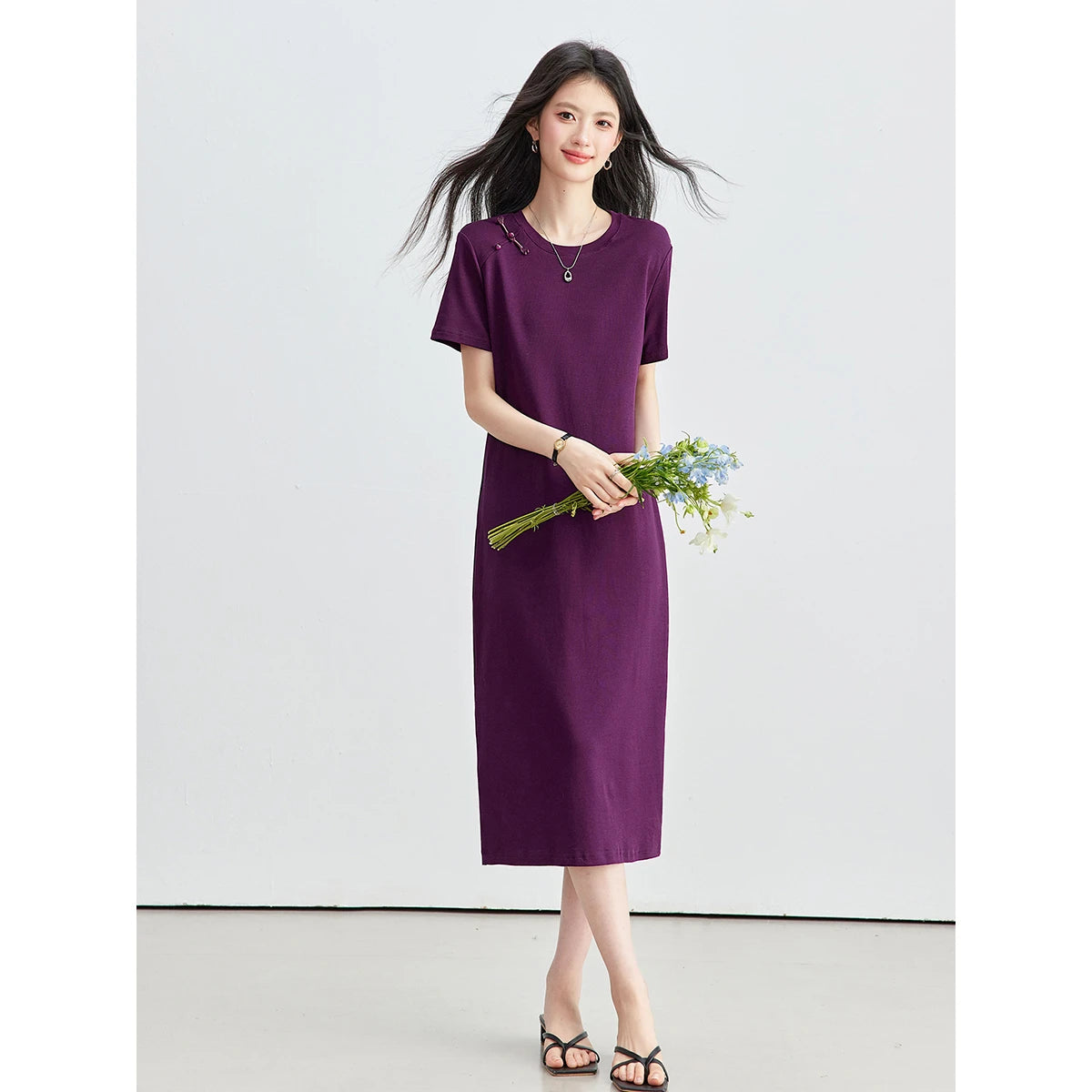 Frog-Button Slit-Hem Midi Dress