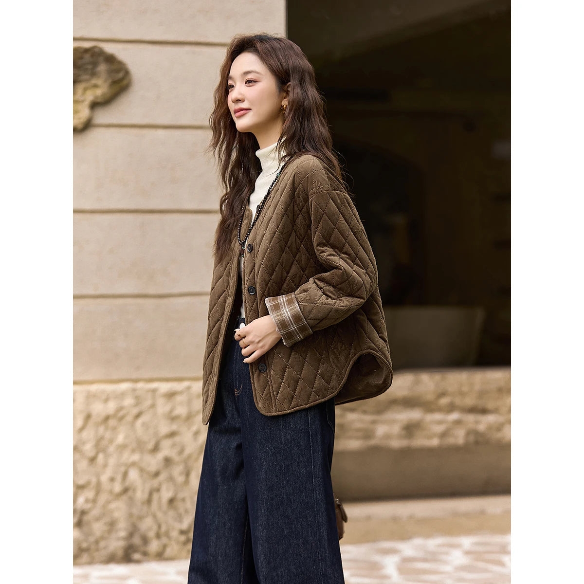 Plaid-Cuff Quilted Collarless Jacket