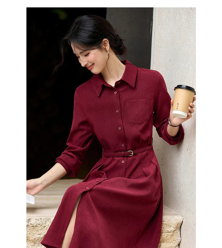 Belted Collared Midi Shirt Dress