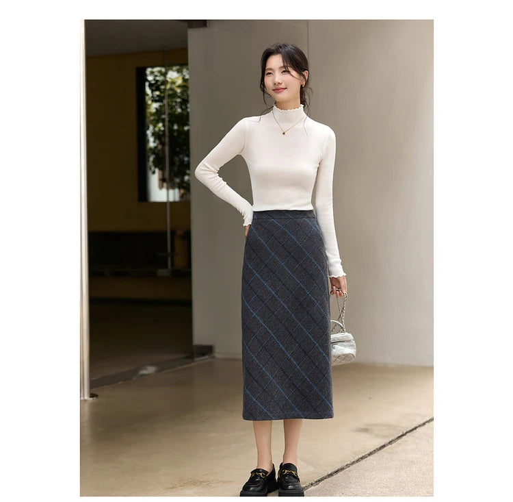 Windowpane Plaid Midi Skirt
