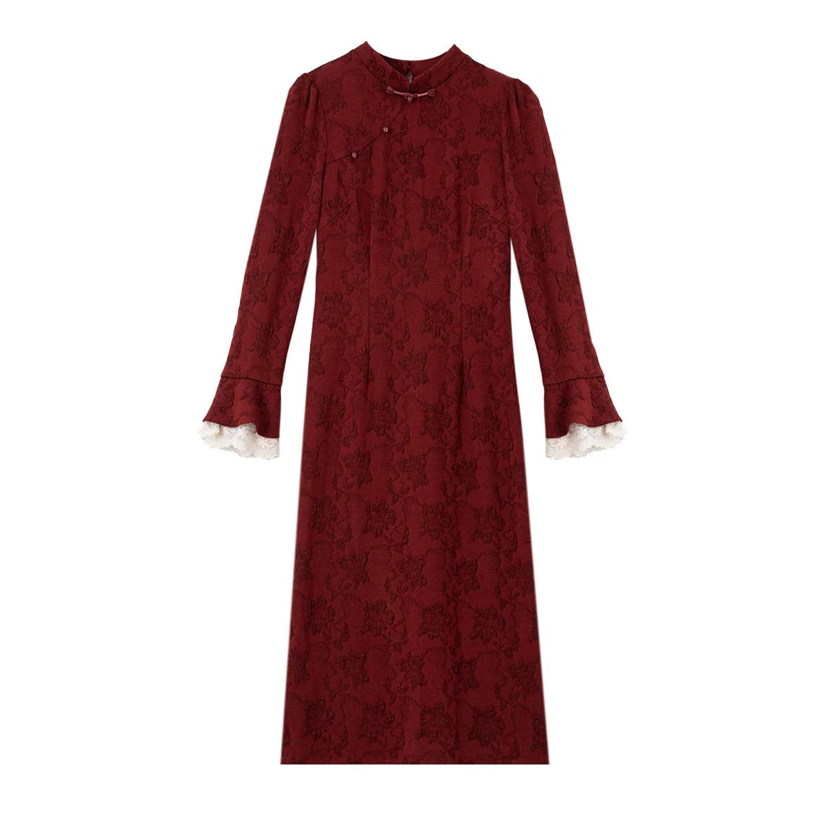 Jacquard Mandarin-Collar Midi Dress