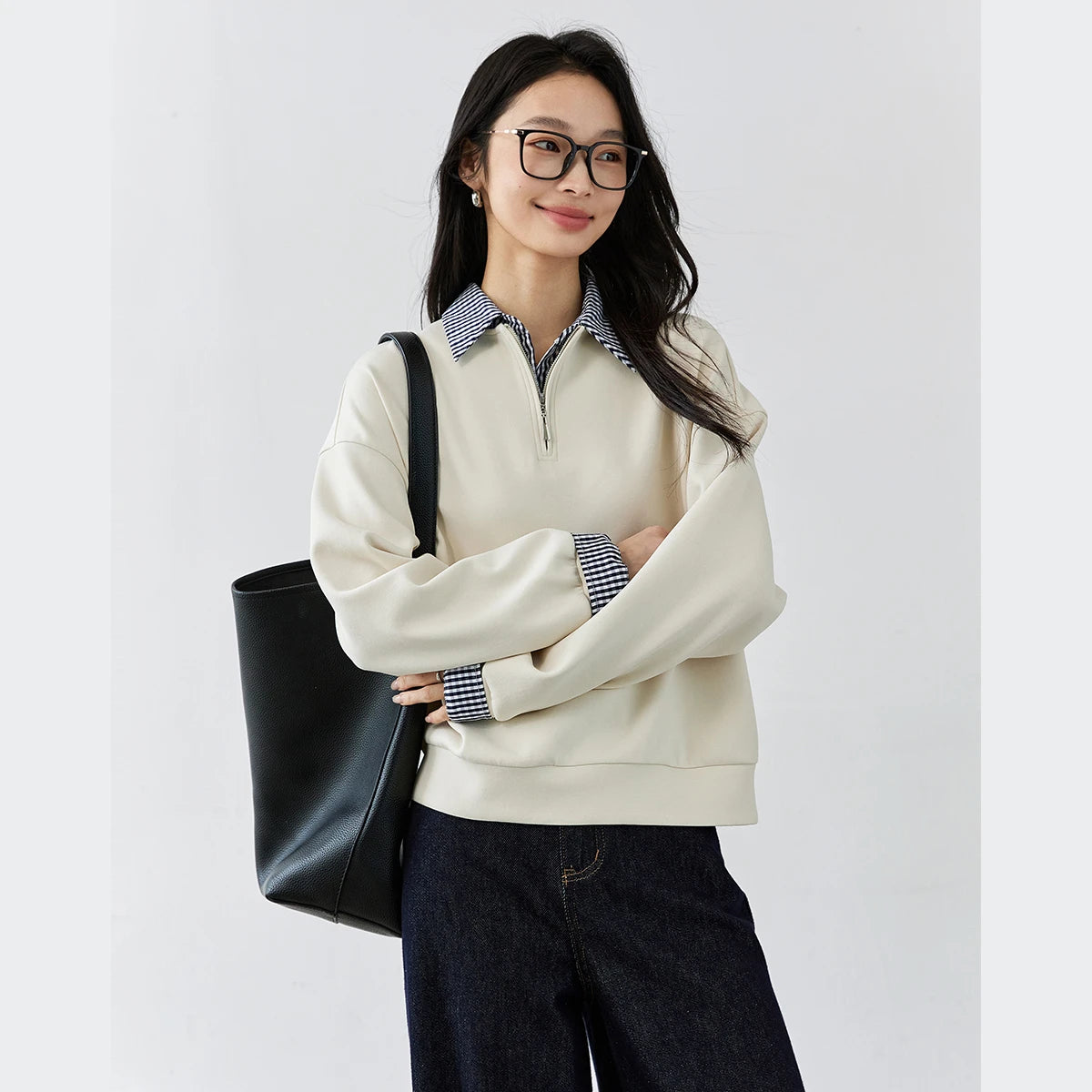 Plaid-Trim Half-Zip Sweatshirt