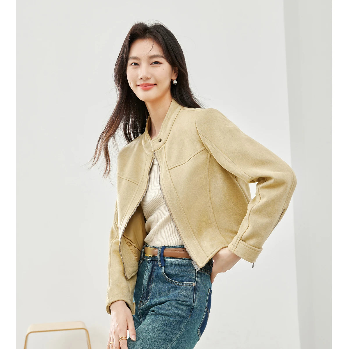 Zip-Front Collarless Cropped Jacket