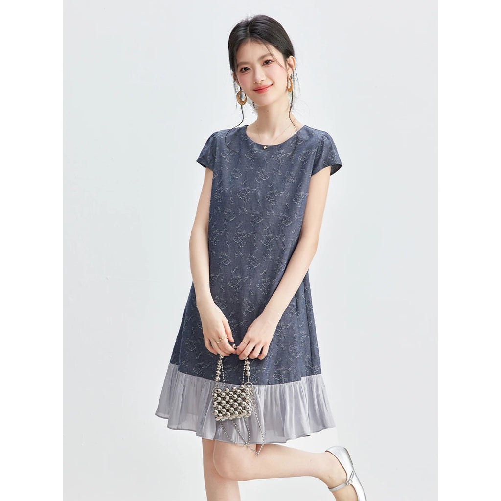 Ruffle-Hem Short-Sleeve Shift Dress