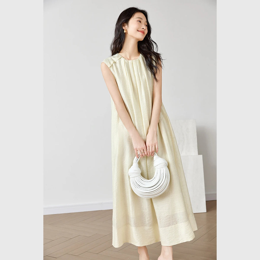 Sleeveless Pleated Shift Midi Dress