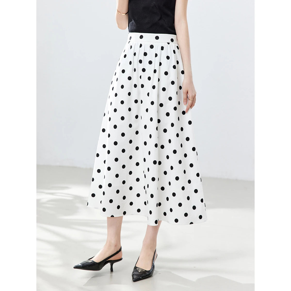 Polka-Dot Button-Front Midi Skirt