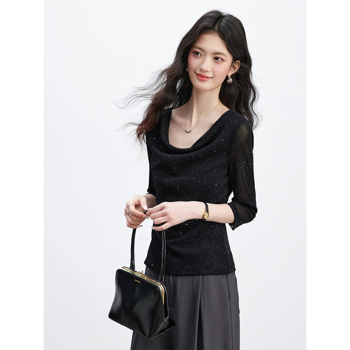 Shimmer Cowl-Neck Short-Sleeve Top