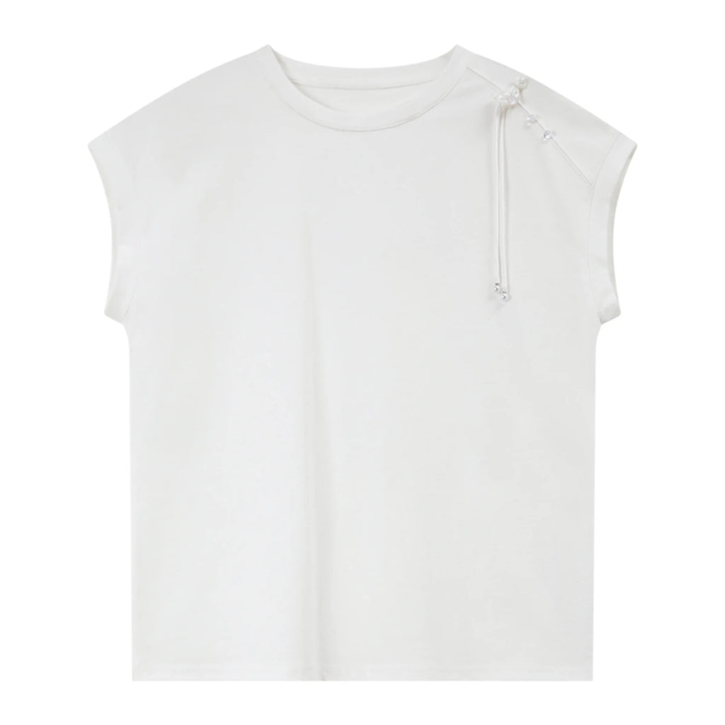 Asymmetric Frog-Button Cap-Sleeve Tee