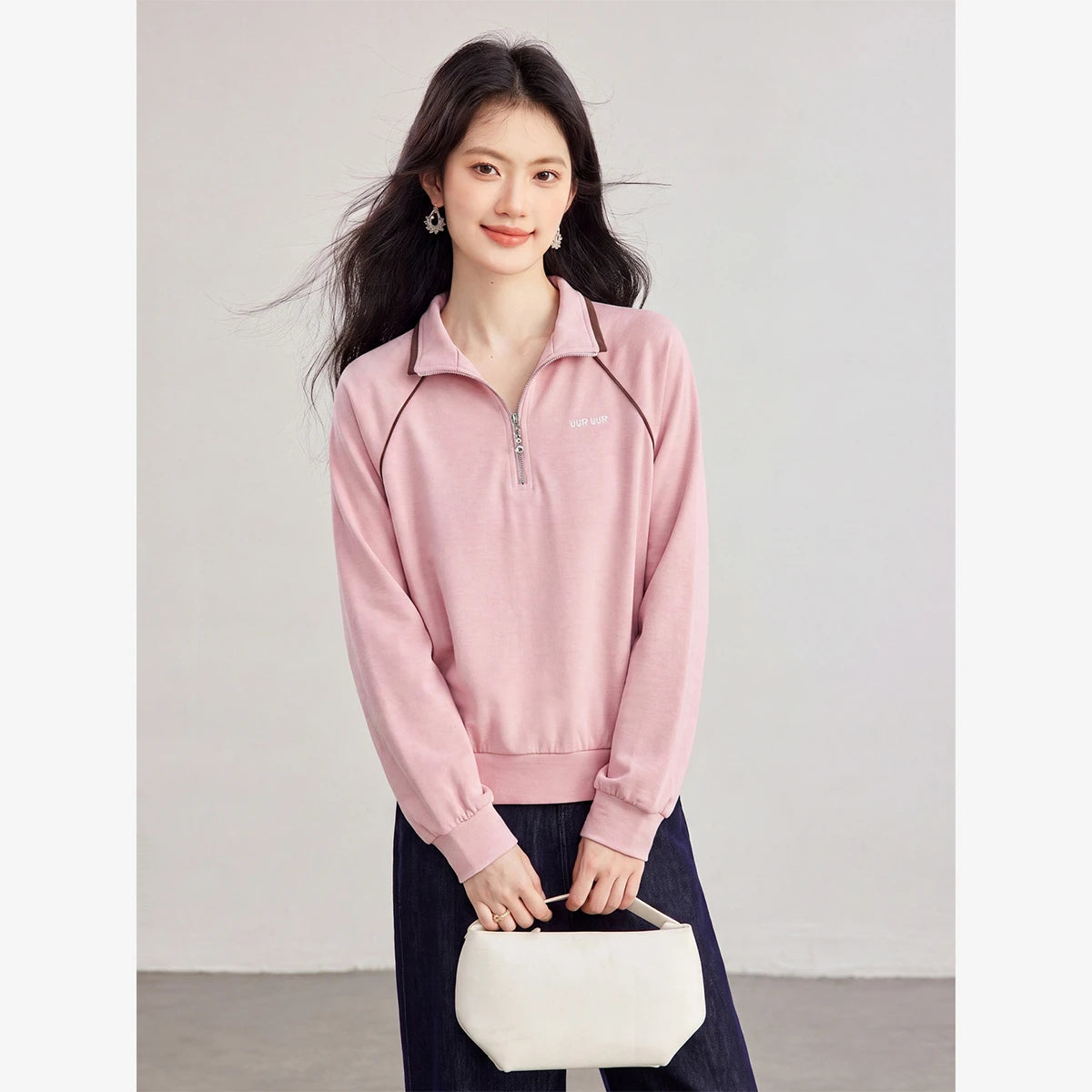 Half-Zip Contrast-Collar Sweatshirt
