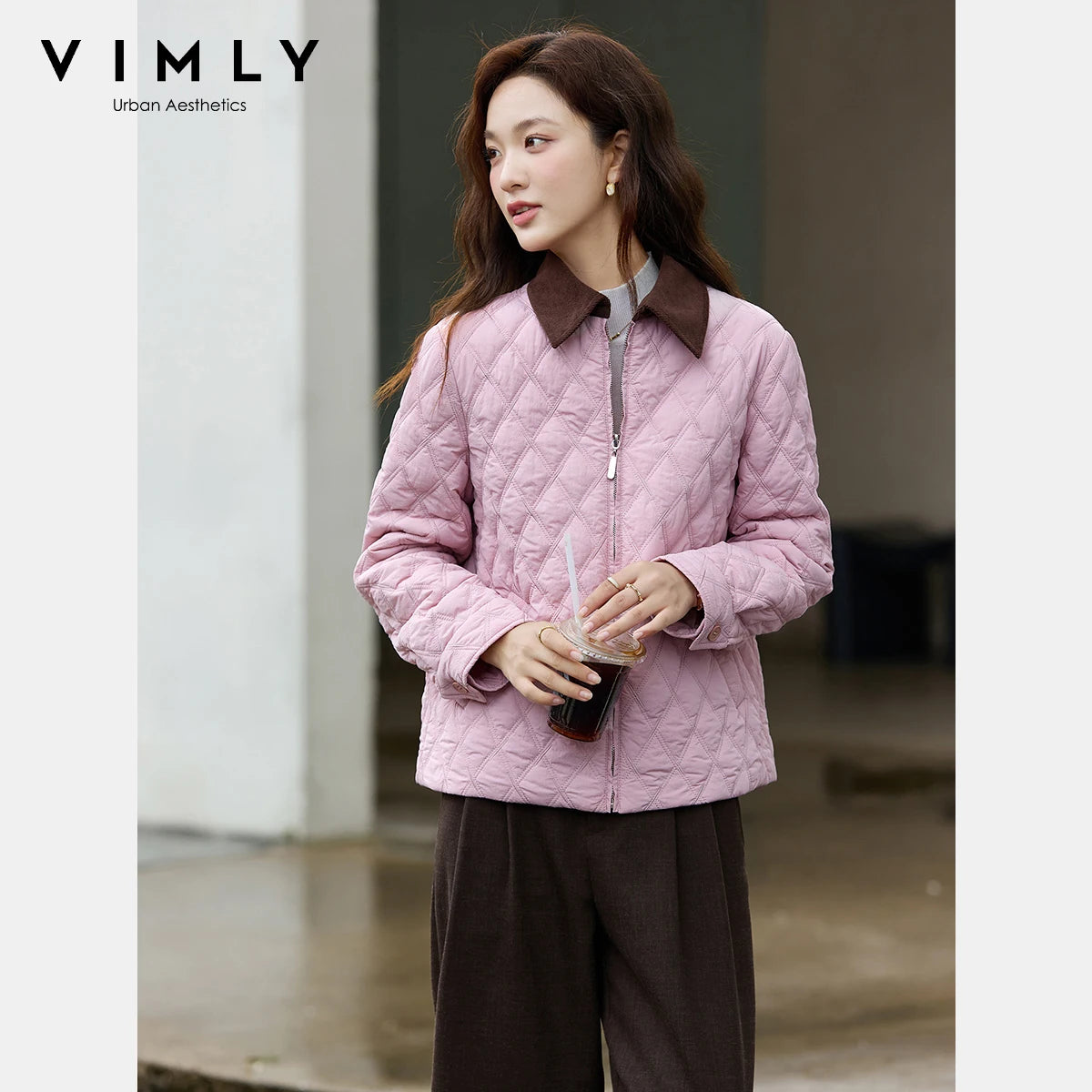 Contrast-Collar Quilted Zip Jacket