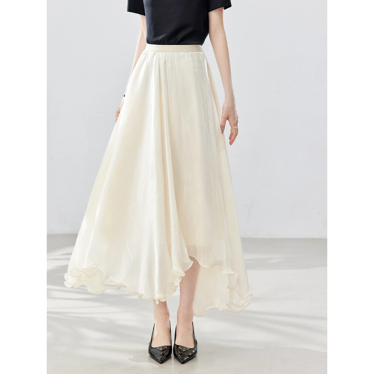 Asymmetric Ruffle-Hem Midi Skirt