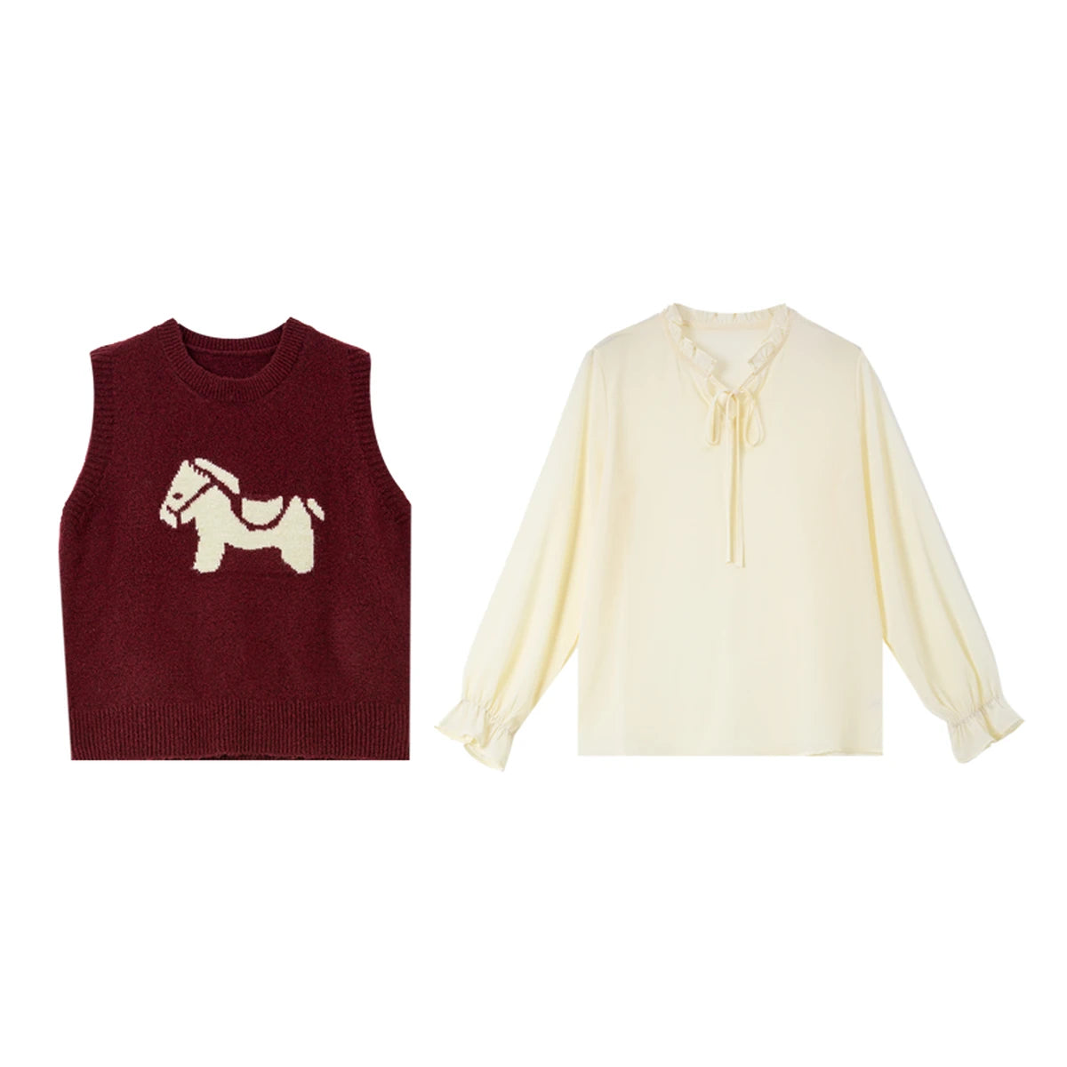Layered Horse-Embroidered Vest Set
