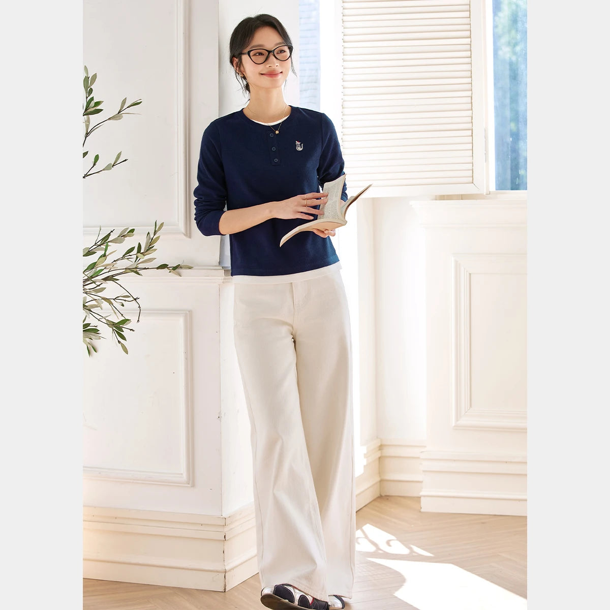 Embroidered Henley Long-Sleeve Top
