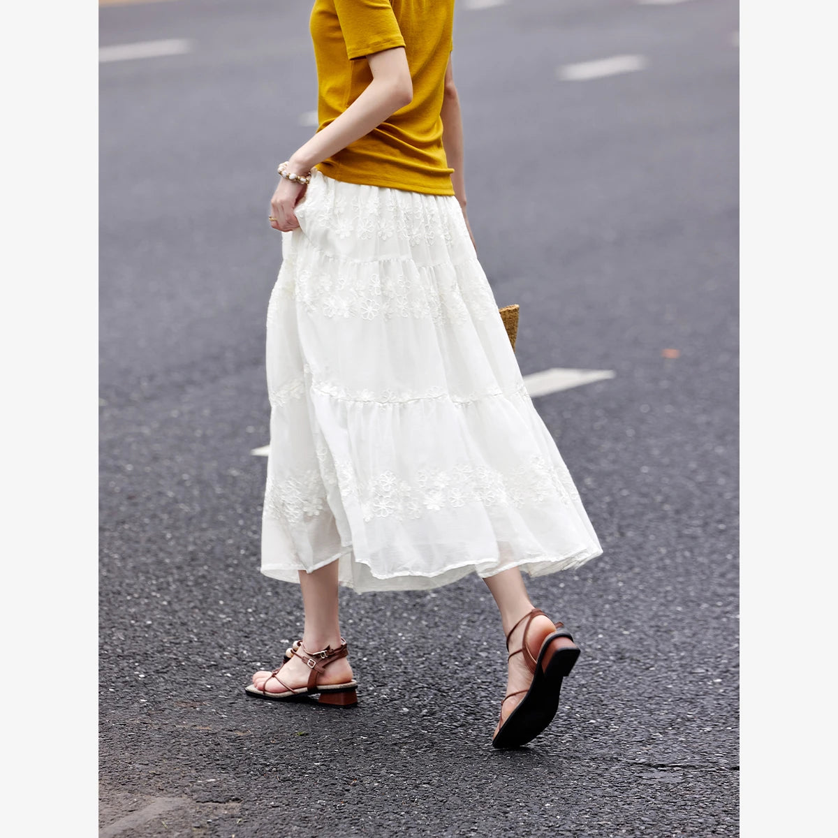 Embroidered Tiered Midi Skirt
