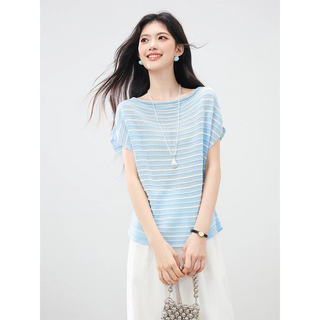 Striped Ruched Dolman-Sleeve Tee