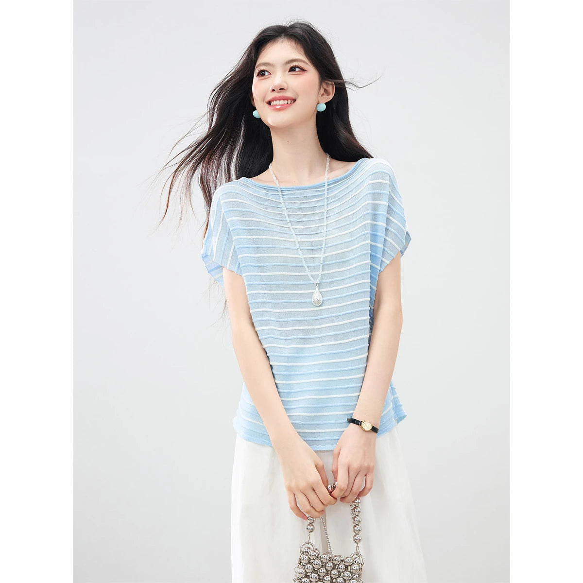 Striped Ruched Dolman-Sleeve Tee