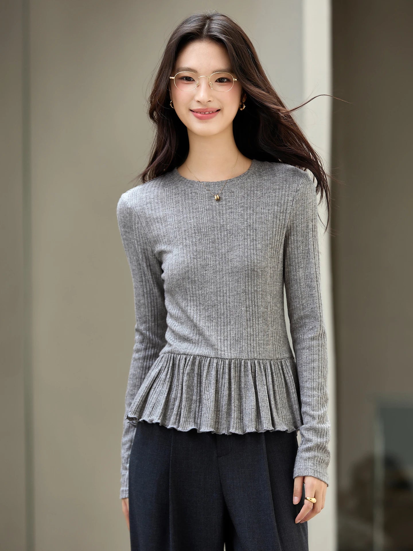 Ruffle-Hem Long-Sleeve Knit Top