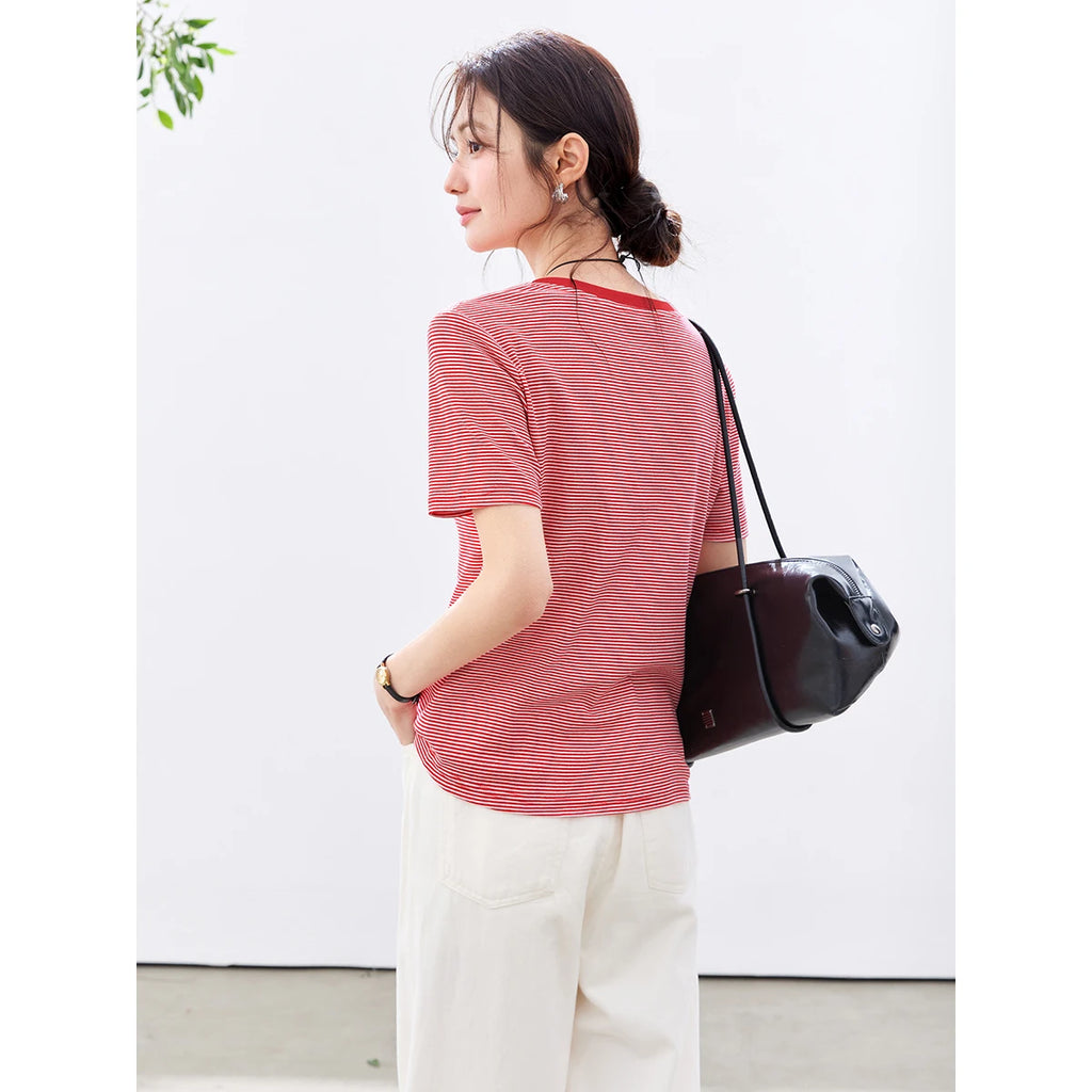 Micro-Stripe Contrast-Collar Tee