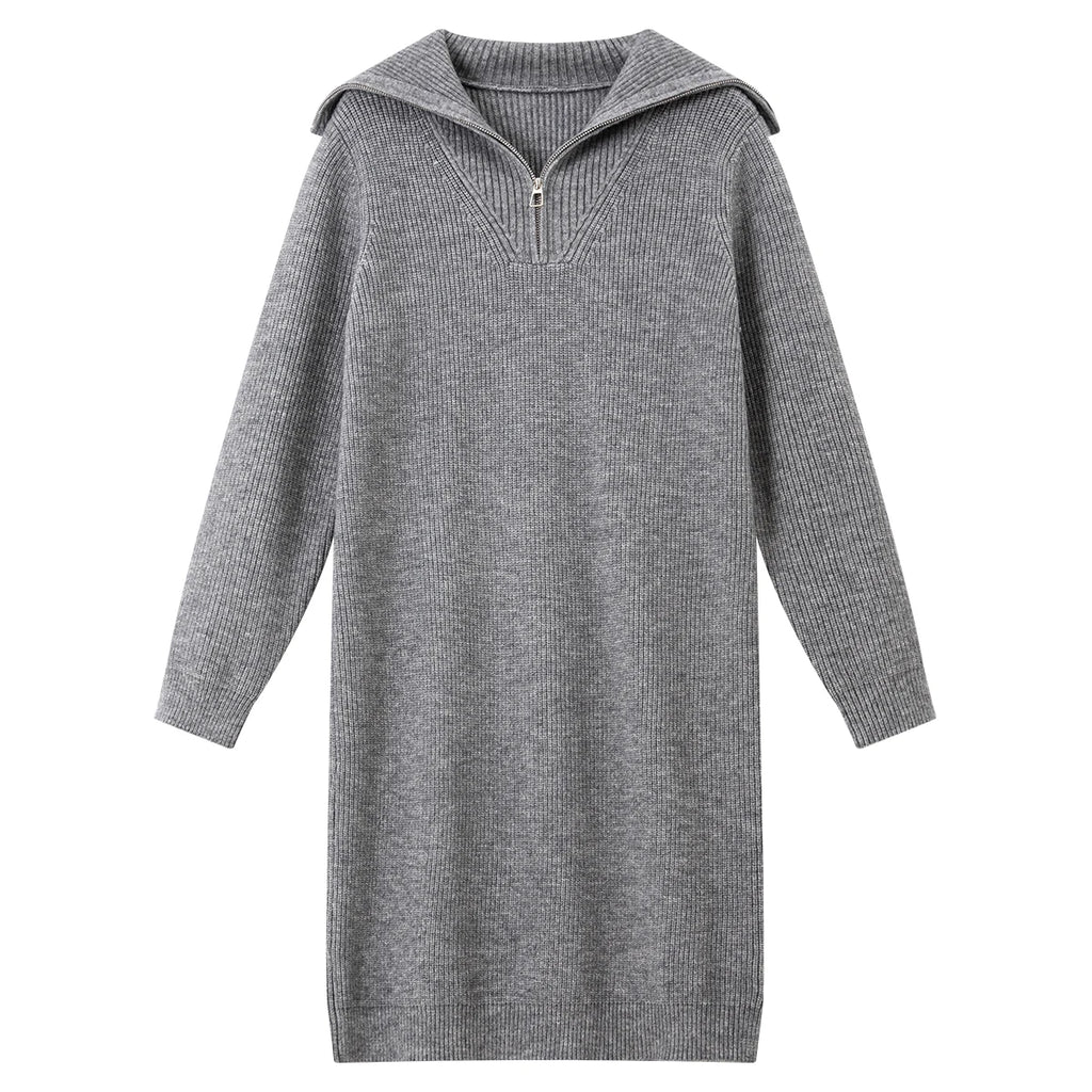 Half-Zip Collared Knit Midi Dress