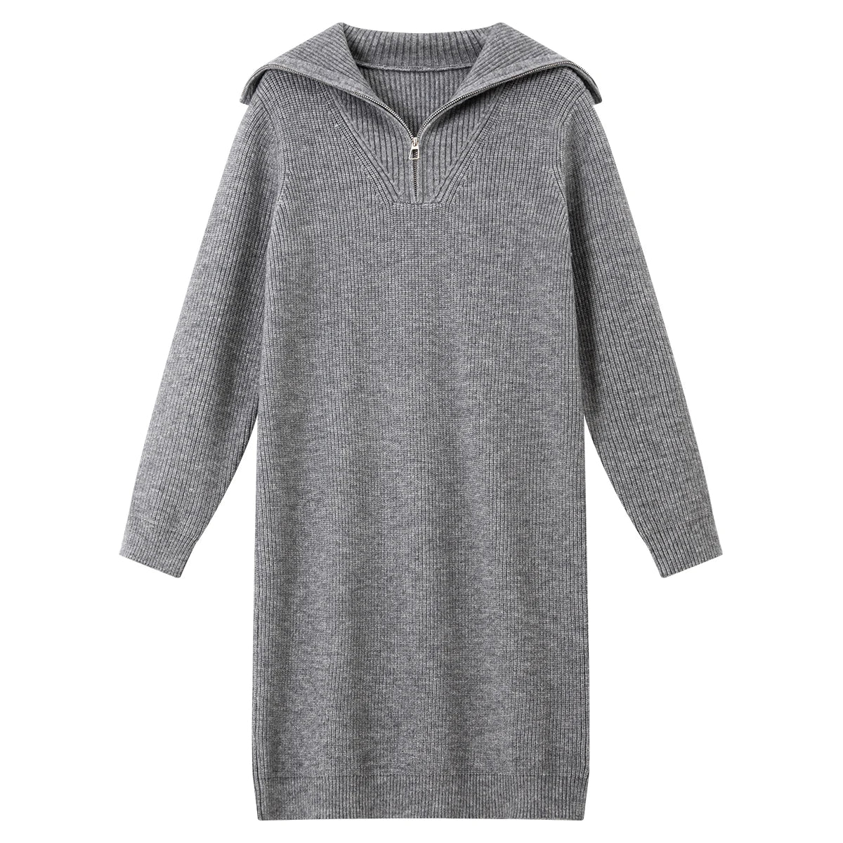 Half-Zip Collared Knit Midi Dress