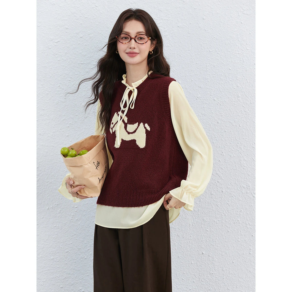 Layered Horse-Embroidered Vest Set