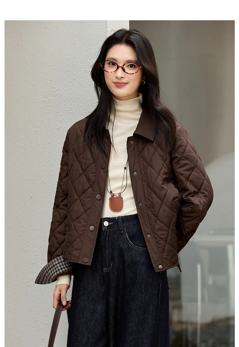Contrast-Collar Quilted Cropped Jacket