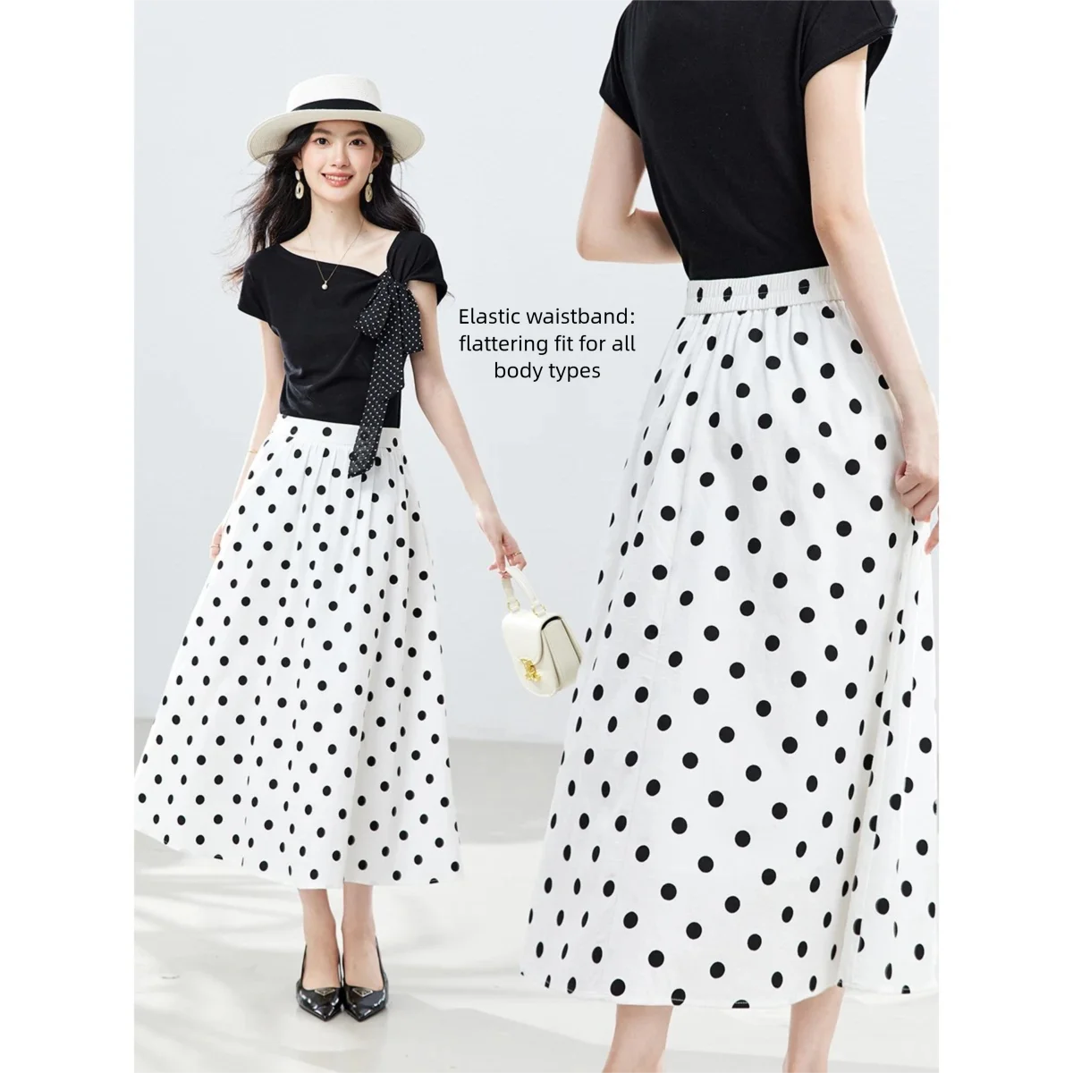Polka-Dot Button-Front Midi Skirt