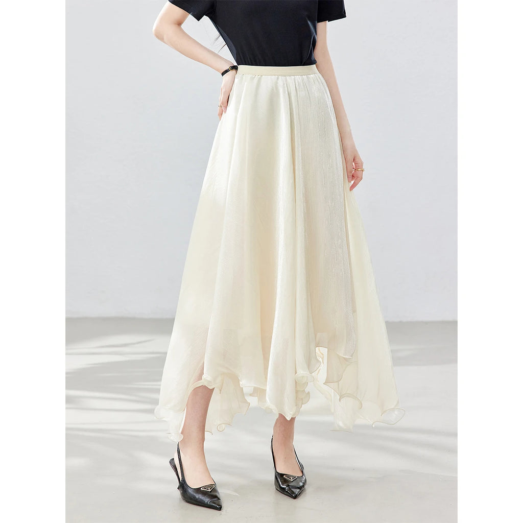 Asymmetric Ruffle-Hem Midi Skirt