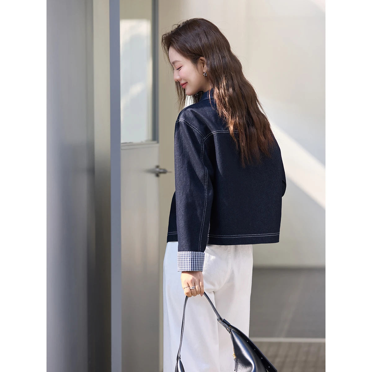 Contrast-Cuff Cropped Denim Jacket