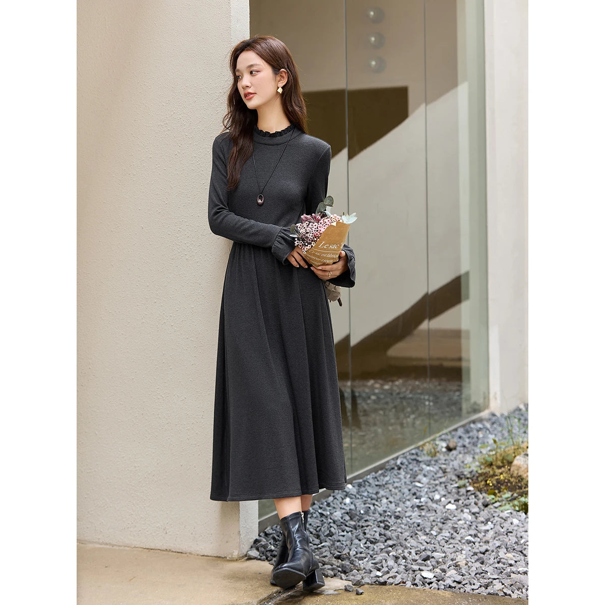 Fluted-Cuff Knit Midi Dress