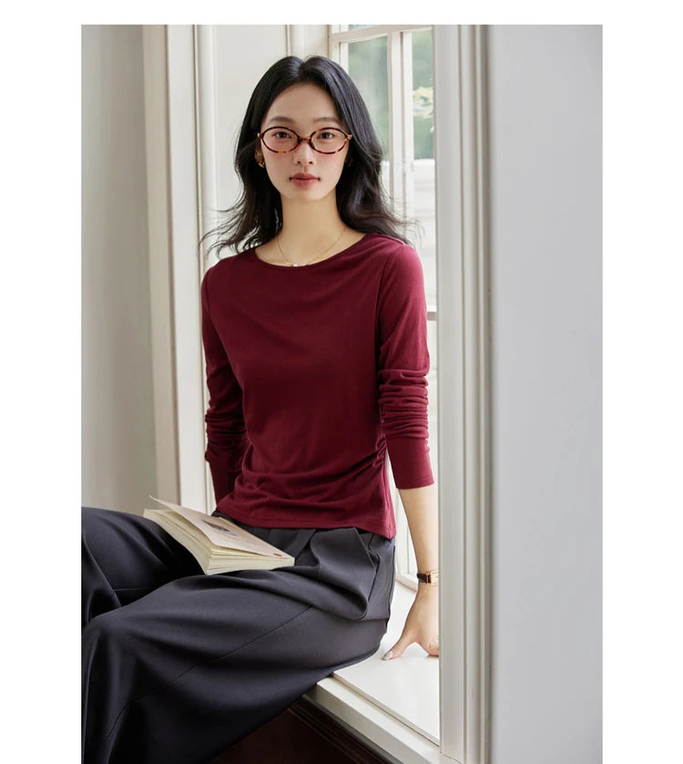 Boat-Neck Ruched Long-Sleeve Tee
