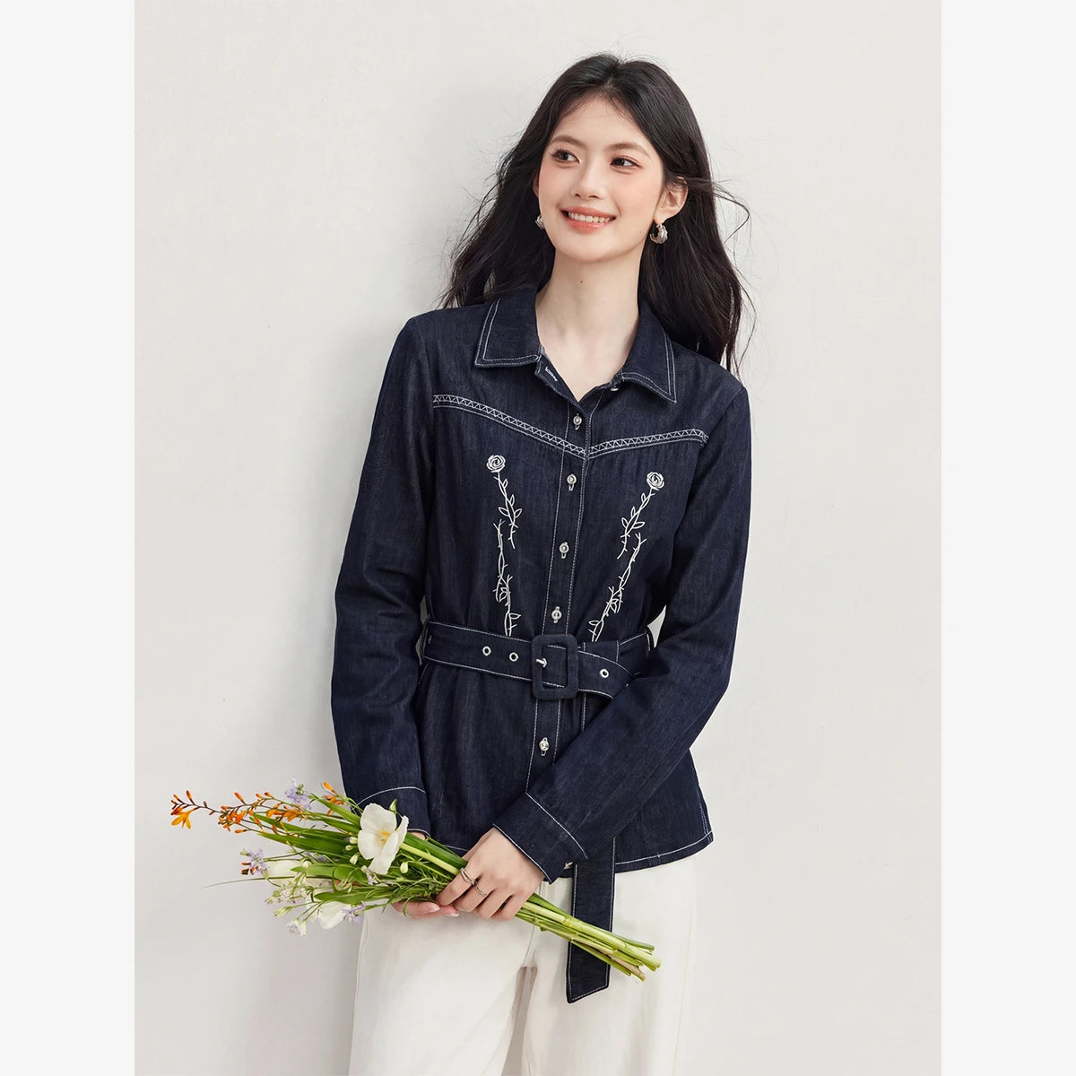 Embroidered Belted Denim Shirt Jacket