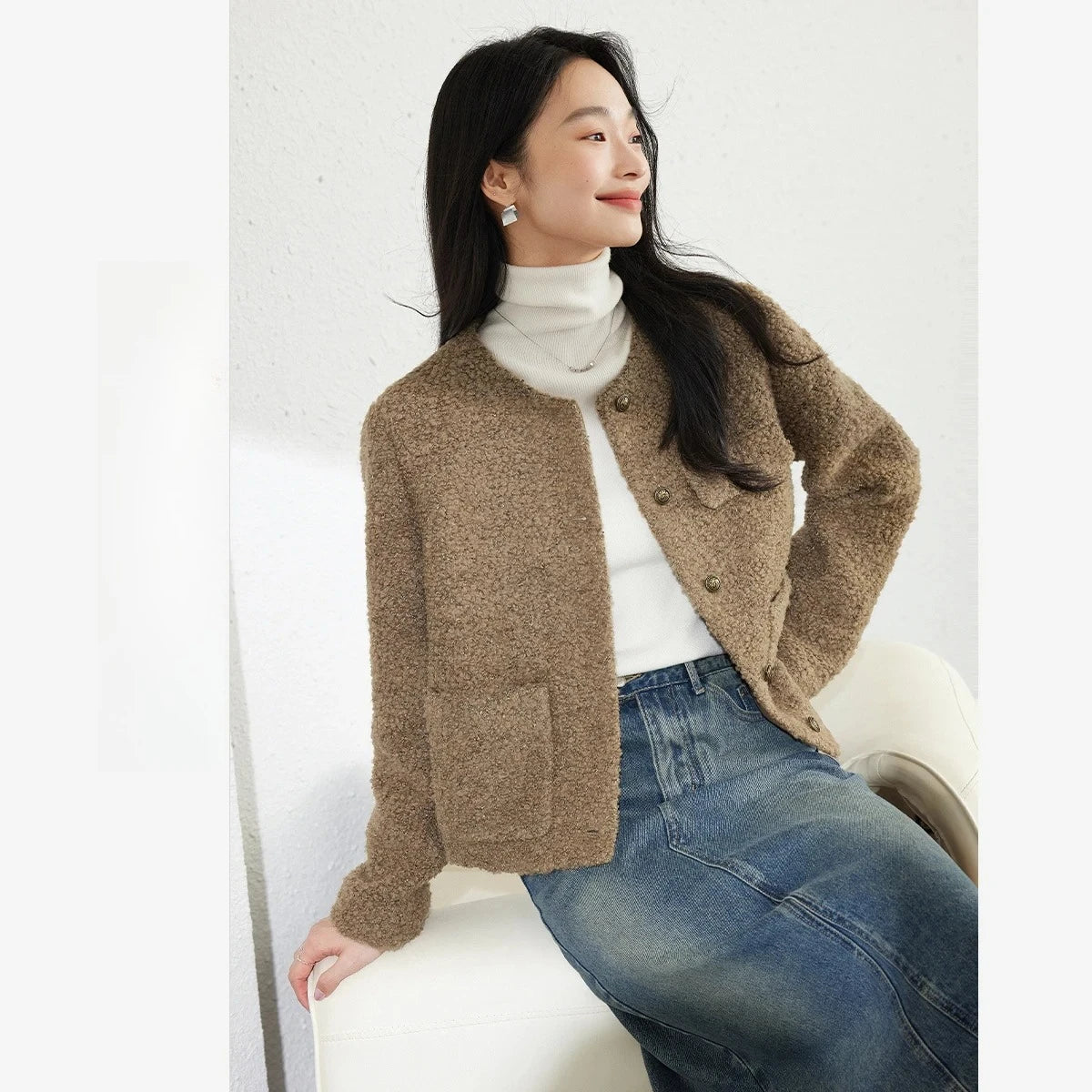 Patch-Pocket Collarless Cropped Jacket