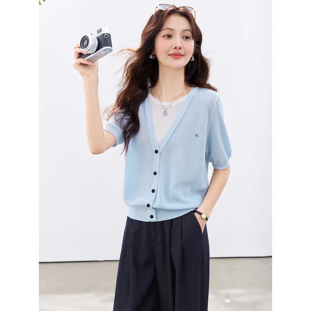 Layered V-Neck Button-Front Knit Top