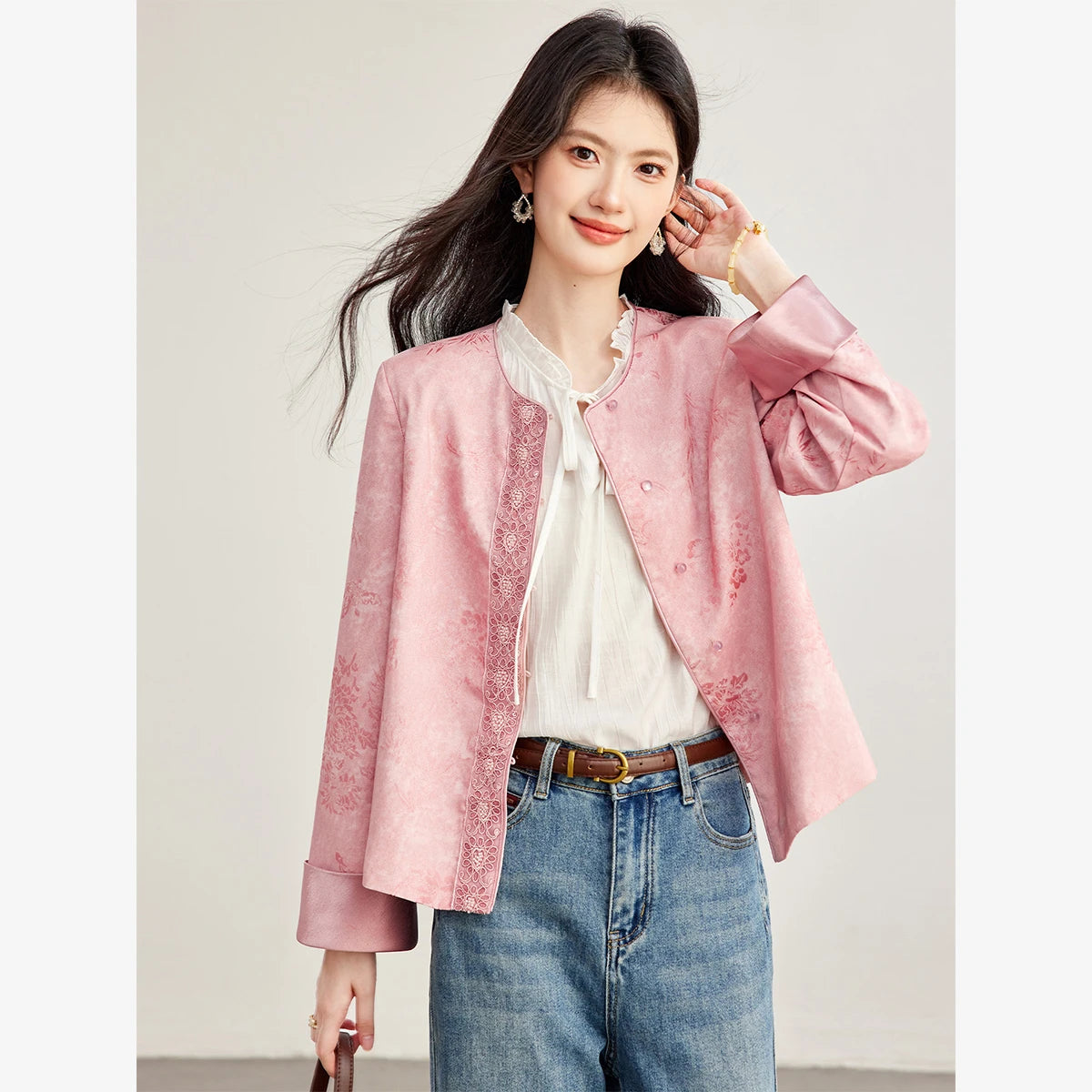 Jacquard-Trim Collarless Jacket