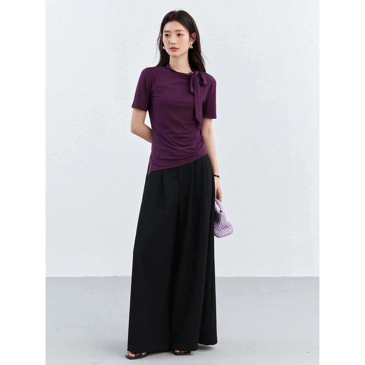 Bow-Neck Asymmetric Short-Sleeve Top